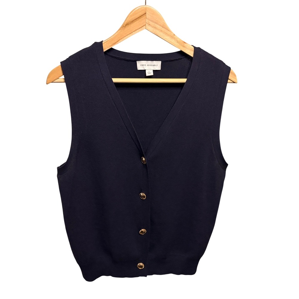 Women's Sweater Vest Large Navy Blue Preppy Gold Button V Neck Dark Academia‎